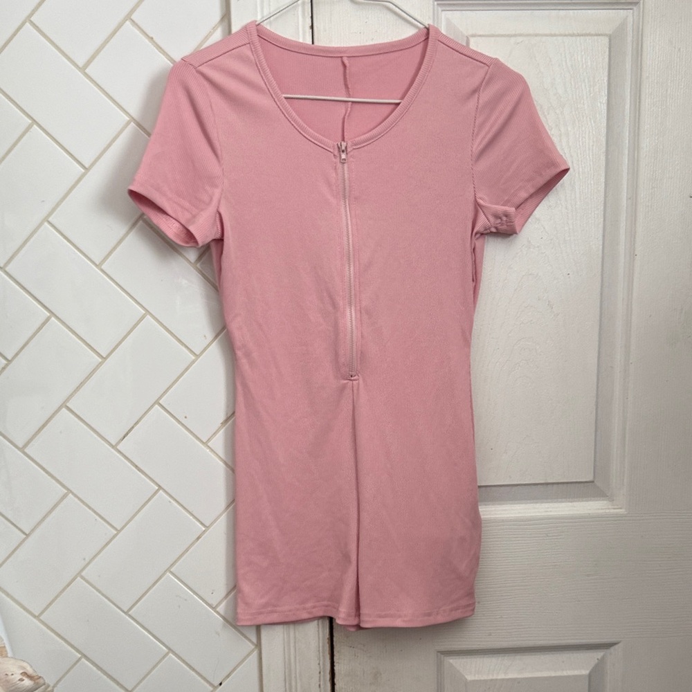 SHEIN Pink Short Sleeve Zip-Up Jumpsuit